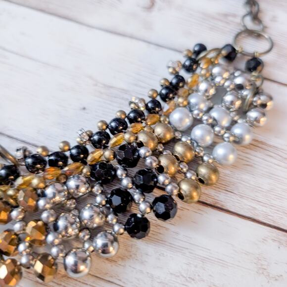 Anthropologie Pam Hiram Necklace Black & Gold Tone Glass Beaded Choker Bib - Picture 6 of 9